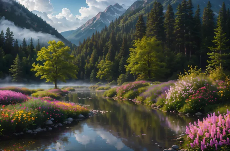 masterpiece, best quality, high quality,extremely detailed CG unity 8k wallpaper, A tranquil and peaceful scene, featuring a serene lake nestled among rolling hills and surrounded by a verdant forest, with a misty morning fog that adds an air of mystery and enchantment, artstation, digital art, intricate, trending, muted colors, artstation, digital illustration, intricate, trending, pastel colors, oil paiting, award winning photography, Bokeh, Depth of Field, HDR, bloom, Chromatic Aberration ,Photorealistic,extremely detailed, trending on artstation, trending on CGsociety, Intricate, High Detail, dramatic, art by midjourney, photography, raw photo, shutter speed, f/1.6, fuji, canon