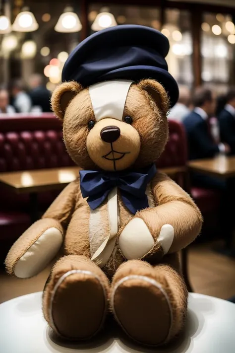 RAW photo of a ((teddy bear)) at a Paris cafe, beret, tie, baguette, photography, 8k, Fuji XT3, f/1.6, depth of field, absurdres,