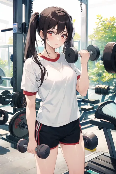 1girl, casual clothes, t-shirt, gym shorts, twintails, long hair, short sleeves, interior, dumbbell, gym