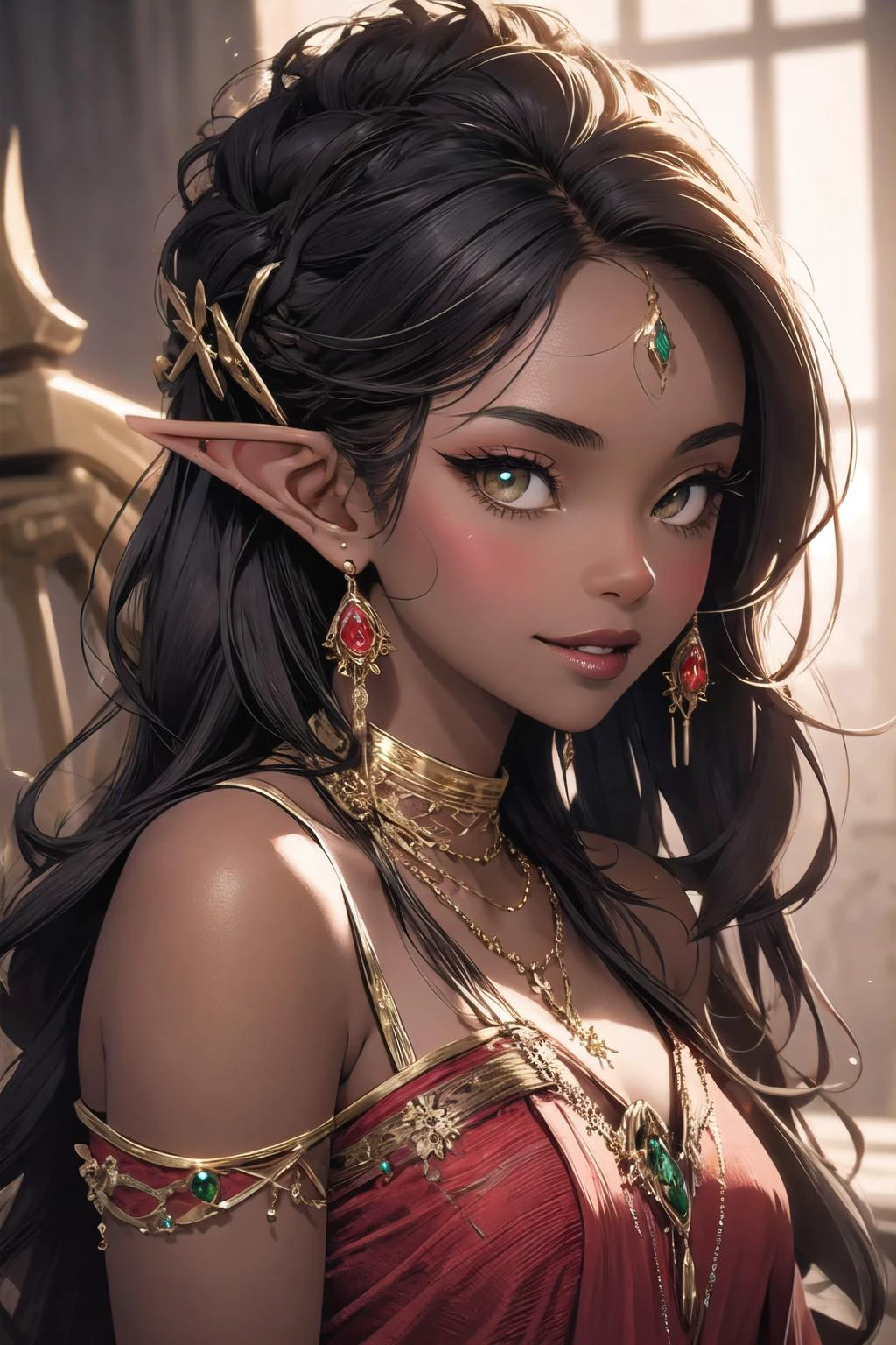 full display of baroque style jewelry design, a pair of earrings, blue gemstones, diamonds, highly detailed vray render, flash, high quality, 18k, (cowboy shot:1.2),
<lora:edgBloodElfAttire:0.7>, edgBE, red and gold, wearing edgBE, elf, a beautiful young woman wearing golden and red dress, jewelry, necklace, earrings, light smile, very long hair, black lips, black hair, dark skin,
