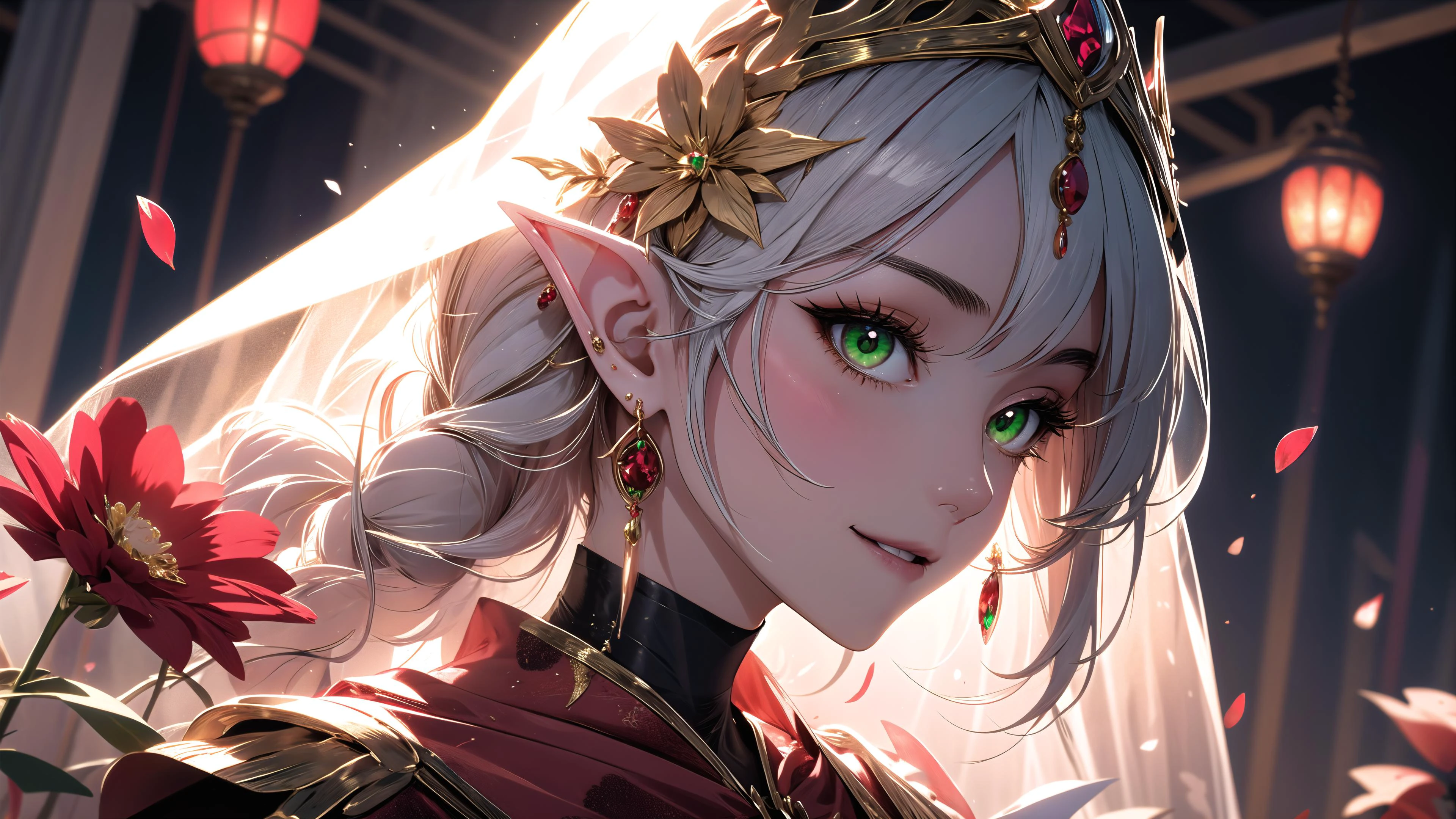<lora:edgBloodElfAttire:0.7>, edgBE, red and gold, wearing edgBE, elf, a beautiful young woman wearing golden and red dress, jewelry, necklace, earrings, light smile, (very long hair:1.3),
Strong female, green eyes, short silver hair, white robe, fov, f/1.8, masterpiece, (veil, mouth veil), blood moon, night, flower petals flying, front portrait shot, side light, moonlight shining on people, 8K,