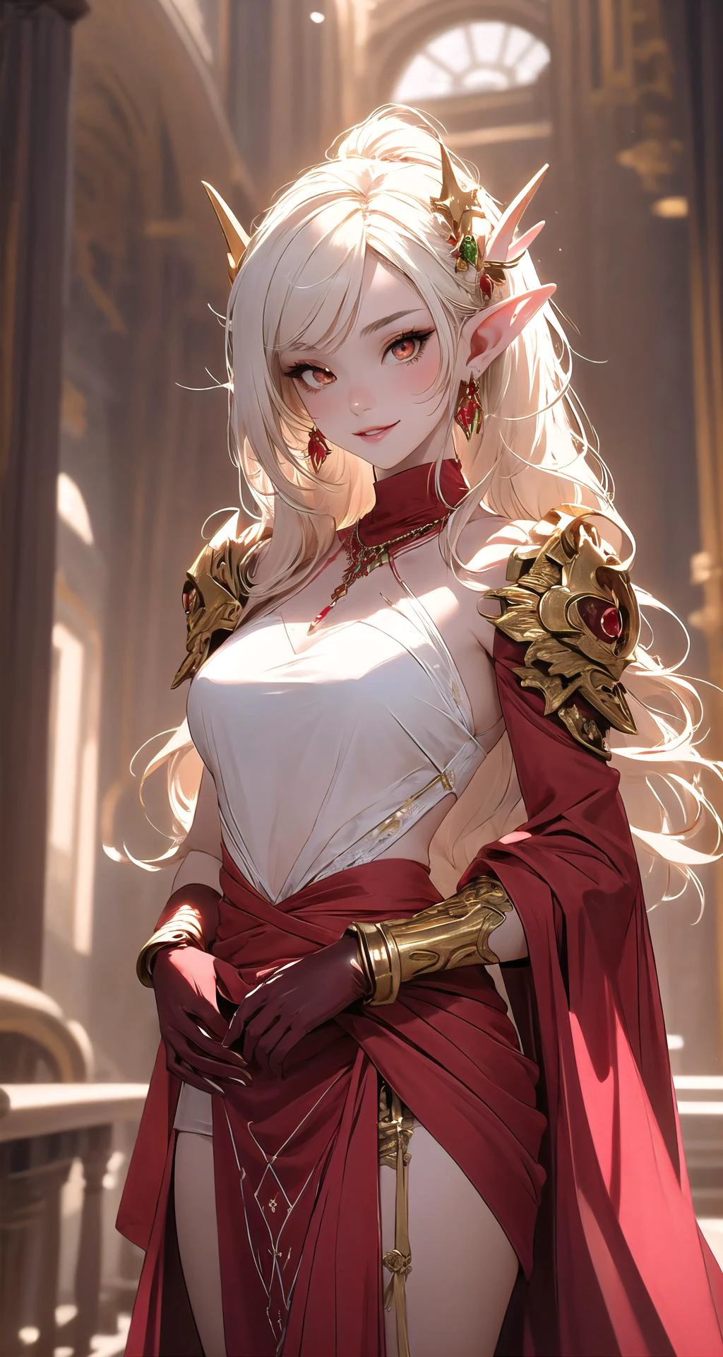full display of baroque style jewelry design, a pair of earrings, blue gemstones, diamonds, highly detailed vray render, flash, high quality, 18k, (cowboy shot:1.2), pixie cut, bangs, hair flower,
<lora:edgBloodElfAttire:0.7>, edgBE, red and gold, wearing edgBE, elf, a beautiful young woman wearing golden and red dress, jewelry, necklace, earrings, light smile, very long hair, white lips, white hair, (white skin:1.3), shiny skin, skindentation, (tanlines:1.3), eye mask, red dress, golden embroidery, red eyes, (see-through:1.2), shoulder armor, evening gown, clawed gauntlets, (standing firm, powerful, majestic:1.2), dual wielding,
