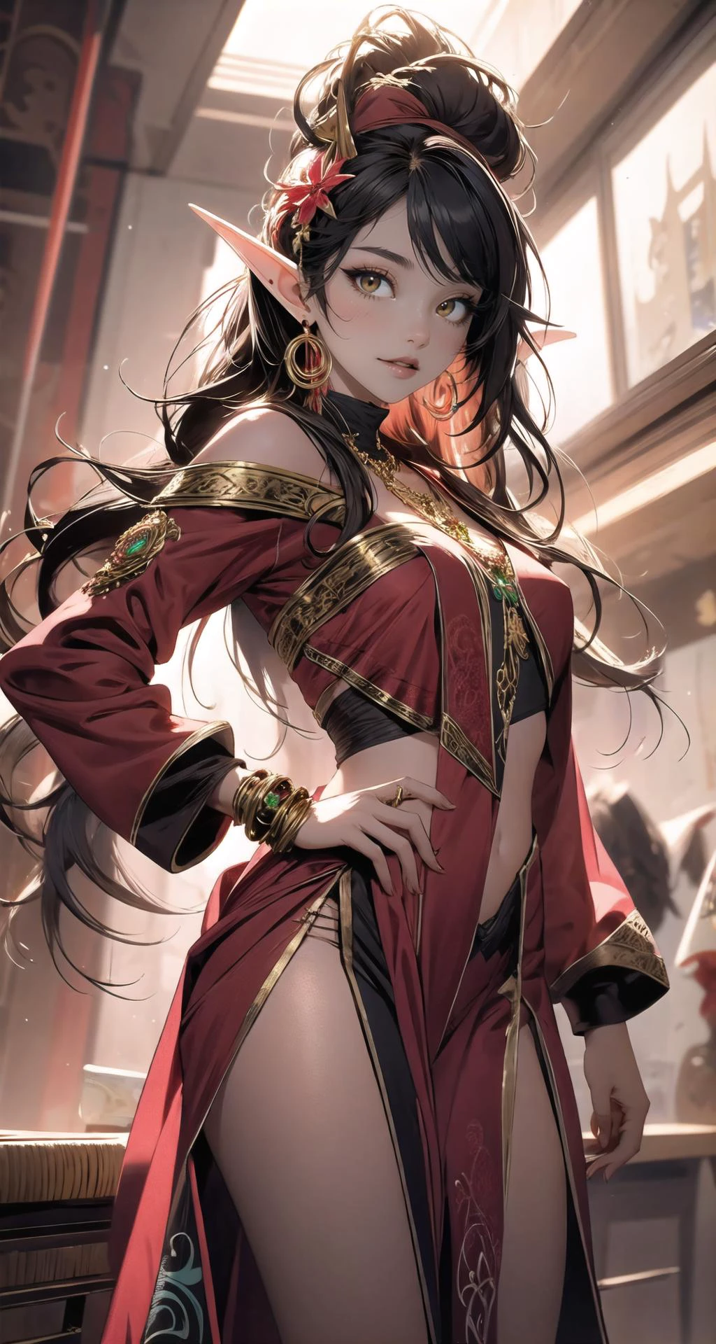 <lora:edgBloodElfAttire:0.8>, edgBE, red and gold, wearing edgBE, elf, a beautiful young woman wearing golden and red dress, jewelry, necklace, earrings, light smile, (very long hair:1.3),
official art, unity 8k wallpaper, ultra detailed, beautiful and aesthetic, masterpiece, best quality, (zentangle, mandala, tangle, entangle), (fractal art:1.3), 1girl, extremely detailed, dynamic angle, cowboyshot, the most beautiful form of chaos, elegant, a brutalist designed, vivid colours, romanticism, by james jean, roby dwi antono, ross tran, francis bacon, michal mraz, adrian ghenie, petra cortright, gerhard richter, takato yamamoto, ashley wood, atmospheric, ecstasy of musical notes, streaming musical notes visible,