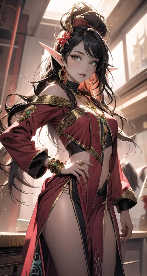 <lora:edgBloodElfAttire:0.8>, edgBE, red and gold, wearing edgBE, elf, a beautiful young woman wearing golden and red dress, jewelry, necklace, earrings, light smile, (very long hair:1.3), 
official art, unity 8k wallpaper, ultra detailed, beautiful and aesthetic, masterpiece, best quality, (zentangle, mandala, tangle, entangle), (fractal art:1.3), 1girl, extremely detailed, dynamic angle, cowboyshot, the most beautiful form of chaos, elegant, a brutalist designed, vivid colours, romanticism, by james jean, roby dwi antono, ross tran, francis bacon, michal mraz, adrian ghenie, petra cortright, gerhard richter, takato yamamoto, ashley wood, atmospheric, ecstasy of musical notes, streaming musical notes visible,