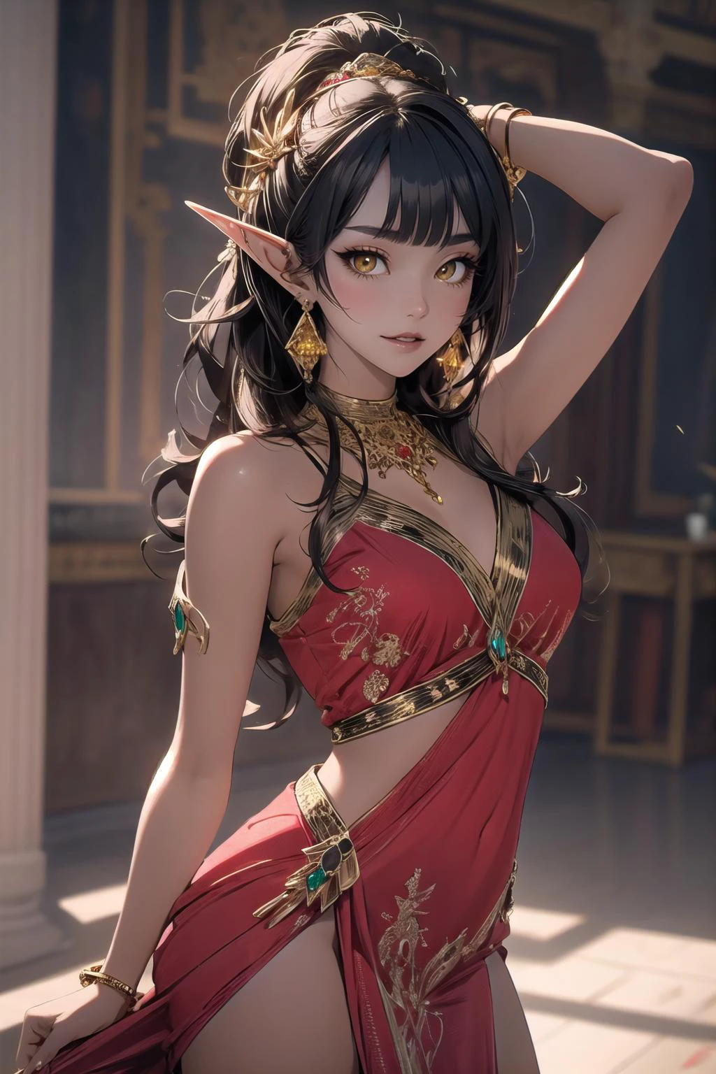 full display of baroque style jewelry design, a pair of earrings, blue gemstones, diamonds, highly detailed vray render, flash, high quality, 18k, (cowboy shot:1.2), Side-swept bangs with layers,
<lora:edgBloodElfAttire:0.7>, edgBE, red and gold, wearing edgBE, elf, a beautiful young woman wearing golden and red dress, jewelry, necklace, earrings, light smile, very long hair, black lips, black hair, dark skin, (yellow eyes:1.1), (red eyeliner:1.1), red dress, golden embroidery, (arms behind head:1.2), dancing,