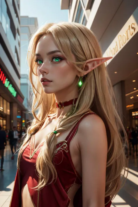 standing,posing for a picture,((facing the viewer)), edgBE, a girl in a red and gold outfit ,wearing edgBE,elf <lora:edgBloodElfAttire:0.9>, looking at viewer, (blonde long hair:1.2), (glowing green eyes:1.1), (velvet choker:1.1), ((busy shopping mall background)), perfect composition, hyperrealistic, super detailed, 8k, high quality, trending art, trending on artstation, sharp focus, studio photo, intricate details, highly detailed, (highly-detailed face and eyes), by greg rutkowski, face focus,