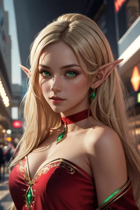 a portrait of edgBE, a girl in a red and gold outfit ,wearing edgBE,elf <lora:edgBloodElfAttire:0.9>, looking at viewer, (blonde long hair:1.2), glowing green eyes, front layers hairstyle, (velvet choker:1.1), ((busy shopping mall background)), perfect composition, hyperrealistic, super detailed, 8k, high quality, trending art, trending on artstation, sharp focus, studio photo, intricate details, highly detailed, (highly-detailed face and eyes), by greg rutkowski, face focus,