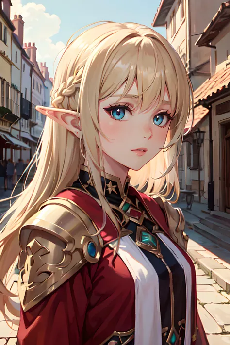 <lora:edgBloodElfAttire:0.8>, edgBE, red and gold, blonde hair, braided hair, wearing edgBE, elf, 1girl, solo, upper body, portrait, european architecture background, outdoors, looking at viewer, masterpiece, best quality