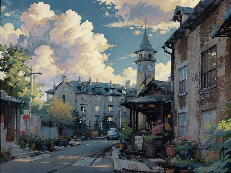 <lora:oil_painting:1.1>, oil_painting,cityscape, buildings, streets,sunshine, flowers, green plants,((blue sky)),((clouds)),