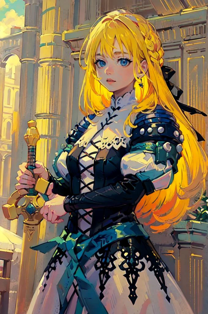 straight-on,( planted sword, hands on hilt:1.4), throne room, standing, <lora:yggdraunion_artwaltz:1> yggdra yuril artwaltz, blue eyes, blonde hair, hair ribbon, dress, armor, <lora:oil_painting:0.85> oil_painting,, absurdres, ultra detailed, masterpiece, best quality, aesthetic, detailed,