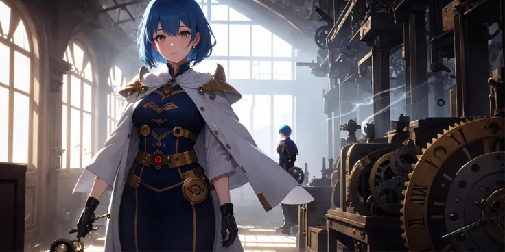 (Close-up:1.2), 1girl, solo, standing inside a fantasy clock tower, blue hair, white eyes, magician robes outfit, intricate background, (clockwork, mechanical items, many cogs:1.2), workshop, all connected, dusty floor, shadowy smoke, dim lighting, panoramic view, dark theme, best quality, amazing detail, 4k, 8k, uhd,