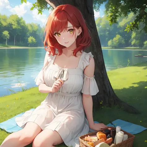 1Girl, mature, American, redhead, medium hair, yellow eyes, sitting on a picnic blanket near a lake, elegant summer dress, happy, grass, tree, lake, clouds, highest quality, highly detailed, 4K, 8K, UHD,
