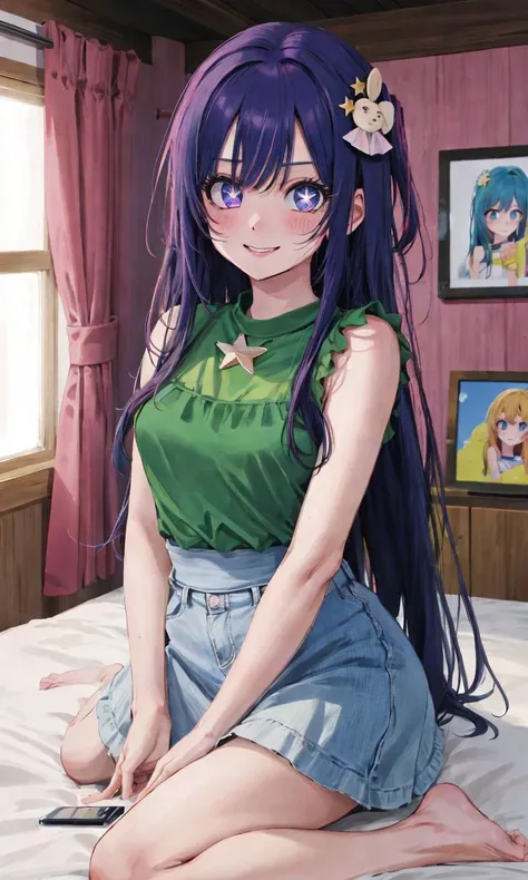 absurdres, 1girl, small breasts, blush, (green eyes), blue hair, star eyes, masterpiece, best quality, highres, ultra detailed, UHD, perfect illumination, bishoujo, looking at viewer, sidelighting, perfect face, detailed face, bangs, perfect body, beautiful eyes, pretty face, bright skin, full body, idol, very long hair, indoors, sitting on bed, wink smile <lora:hoshino_ai_v0.1a:1>