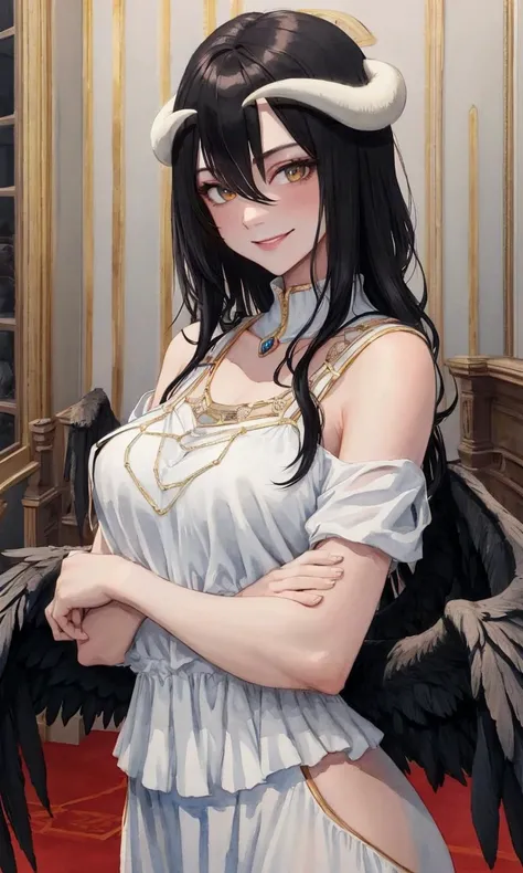 ultra-detailed, masterpiece, best quality, extremely detailed, watercolor, sharp focus, from middle, illustration, upper body, dress, white dress, long dress, large breasts, evil smile, standing, long hair, black hair, wings, black wings, horns, white horns, indoors, red carpet, royal, vibrant colors <lora:albedo-15:1> <lora:dollface:1>