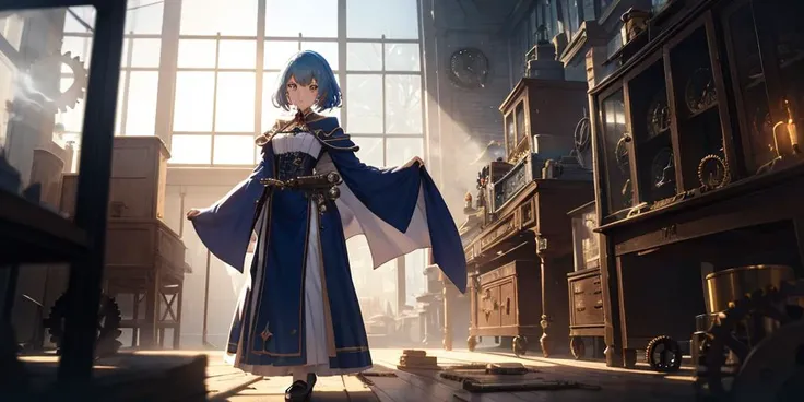 (Close-up:1.2), 1girl, solo, standing inside a fantasy clock tower, blue hair, white eyes, magician robes outfit, intricate background, (clockwork, mechanical items, many cogs:1.2), workshop, all connected, dusty floor, shadowy smoke, dim lighting, panoramic view, dark theme, best quality, amazing detail, 4k, 8k, uhd,