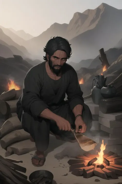 The charcoal seller cuts down firewood and burns charcoal in the southern mountains. His face was dusty and smoky, his temples were gray and his fingers were black.