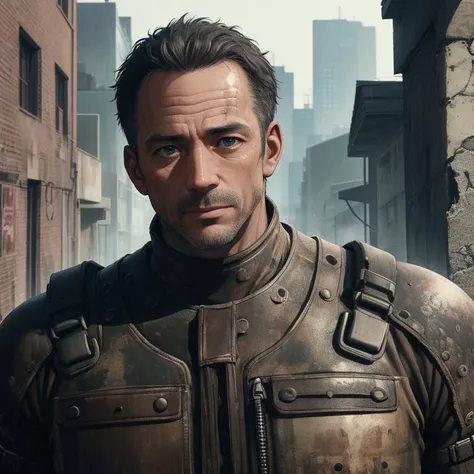 masterpiece portrait photo of a brutal 45 year old man, wastelander outfit, slim body, city ruins, (high detailed skin:1.2), 8k uhd, cinematic lighting, high quality, film grain