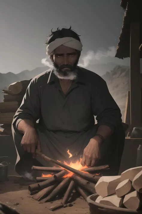 The charcoal seller cuts down firewood and burns charcoal in the southern mountains. His face was dusty and smoky, his temples were gray and his fingers were black.