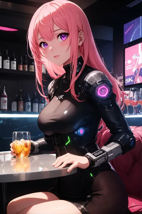 Cyberpunk, 1girl, sitting in a futuristic bar, holding a glass, modified human, elegant suit, pink hair, purple eyes, looking intrigued, finely drawn eyes and face and hands and fingers, complex background, neon, best quality, amazing detail, 4k, 8k, UHD, to scale, anime,