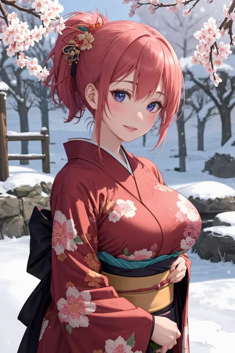 ultra detailed 8k cg, kimono, perfect face, beautiful face, mature female, large breasts, outdoors, sakura, snowing, looking at viewer