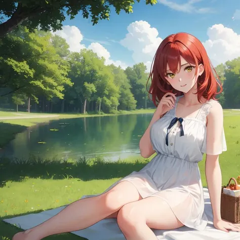 1Girl, mature, American, redhead, medium hair, yellow eyes, sitting on a picnic blanket near a lake, elegant summer dress, happy, grass, tree, lake, clouds, highest quality, highly detailed, 4K, 8K, UHD,