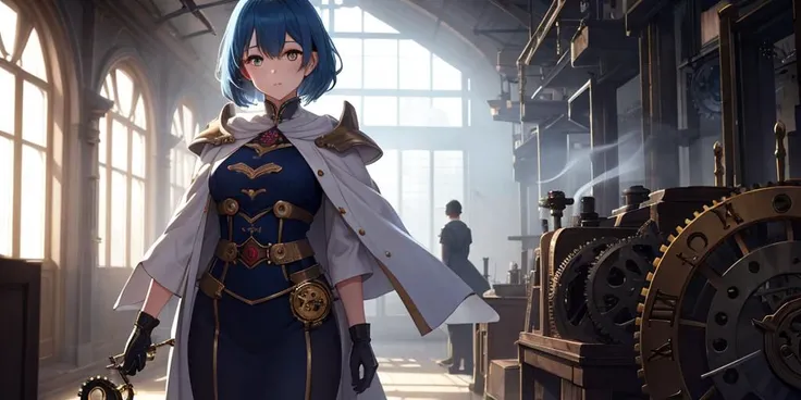 (Close-up:1.2), 1girl, solo, standing inside a fantasy clock tower, blue hair, white eyes, magician robes outfit, intricate background, (clockwork, mechanical items, many cogs:1.2), workshop, all connected, dusty floor, shadowy smoke, dim lighting, panoramic view, dark theme, best quality, amazing detail, 4k, 8k, uhd,