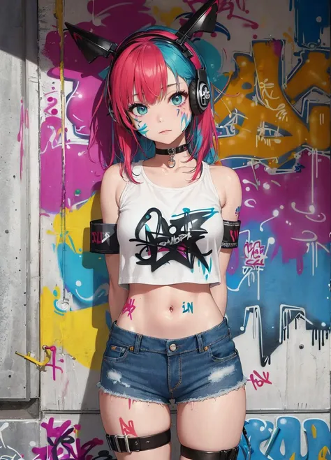 masterpiece, best quality, 1girl, solo, crop top, denim shorts, choker, (graffiti:1.5), paint splatter, arms behind back, against wall, looking at viewer, armband, thigh strap, paint on body, head tilt, bored, multicolored hair, aqua eyes, headset,