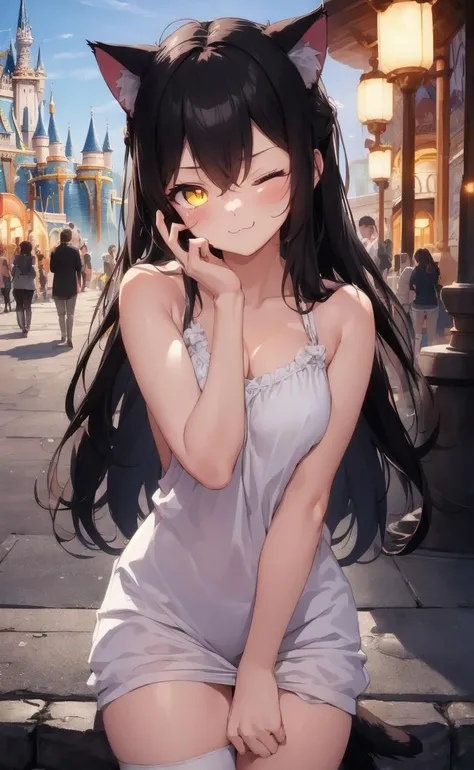 masterpiece, best quality, 1girl, theme park, glowing, :3, cat ears, black hair, glowing yellow eyes, winking with one eye closed