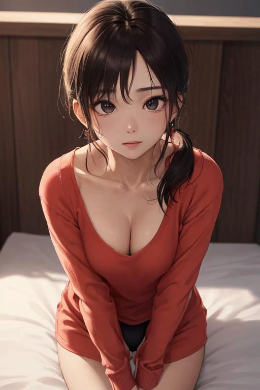 good hand,4k, high-res, masterpiece, best quality, head:1.3, (Korean K-pop idol), finely detailed skin, sharp focus, (cinematic lighting), collarbone, morning, soft lighting, dynamic angle, [:(detailed face:1.2):0.2], armpit crease, thigh gap, red clothes, slender, medium breasts, cleavage,full body