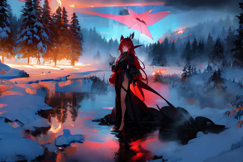 (otherworldly), highly insanely detailed, masterpiece, top quality, best quality, highres, 4k, 8k, RAW photo, (very aesthetic, beautiful and aesthetic), <lora:snowylandscape:1>, (snowylandscape, pure winter:1.2), long shadows, cloudy sky, light rays,
psychedelic, prismatic,
1girl, solo,
Tower13_Gizelle,
a beautiful elvish girl,
dark_skin, tan_skin, tanned skin, dark skin, dark-skinned, black-skinned, bronze skin,
(fiery red hair ),
(flare,fog,wet,wet body,rain,raining,night,neon lights,twilight:1.2), (fantasy world)âââ