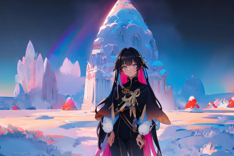 (otherworldly), highly insanely detailed, masterpiece, top quality, best quality, highres, 4k, 8k, RAW photo, (very aesthetic, beautiful and aesthetic), <lora:snowylandscape:1>, (snowylandscape, pure winter:1.2), long shadows, cloudy sky, light rays,
psychedelic, prismatic,
1girl, solo,
Tower13_Gizelle,
a beautiful elvish girl,
dark_skin, tan_skin, tanned skin, dark skin, dark-skinned, black-skinned, bronze skin,
(blue hair,light black (soft black) hair ,rainbow hair,Iridescence hair),
(a colorful background,solid color,solid color background,gradient background,neon color,multicolored background:1.2), (fantasy world)âââ