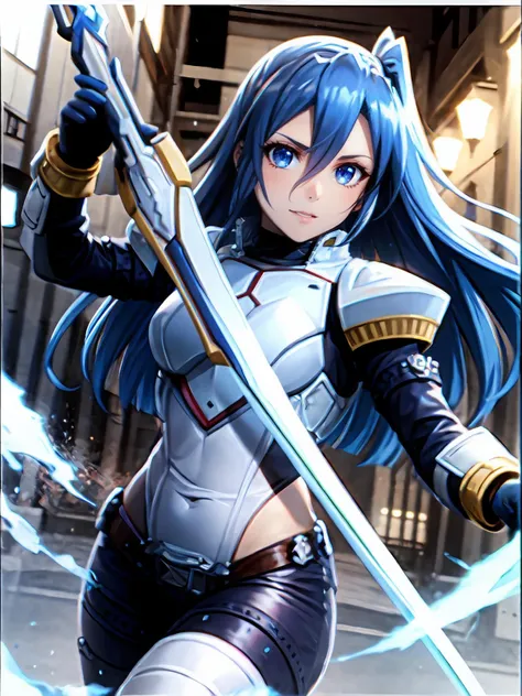 (extremely detailed CG), (best quality), 1girl, perfect face, shiny skin, lustrous skin, wide hips, narrow waist, <lora:KazanariTsubasa-10:0.7> SymphoTsubasa, hair between eyes,blue eyes, (one side up:1),blue hair, long hair,looking at viewer, <lora:BladeSuit-10:0.8>BladeRider, blue gloves,rider belt,gloves, bodysuit, , armor,belt, holding sword, sword, holding,