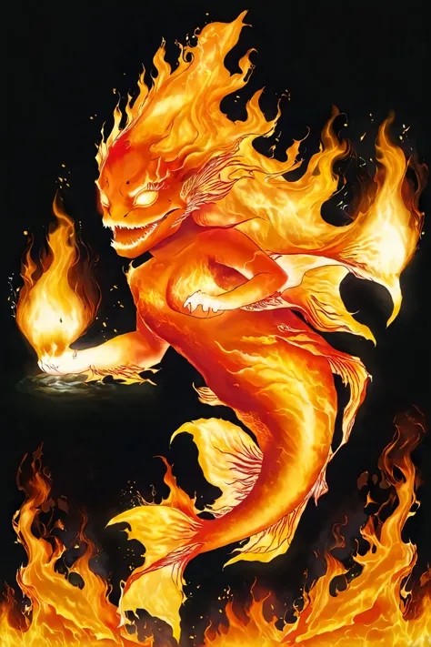 flame spirit, glowing bright red-orange, on fire, animal, fish <lora:EnvyElementalFireXL01:1>