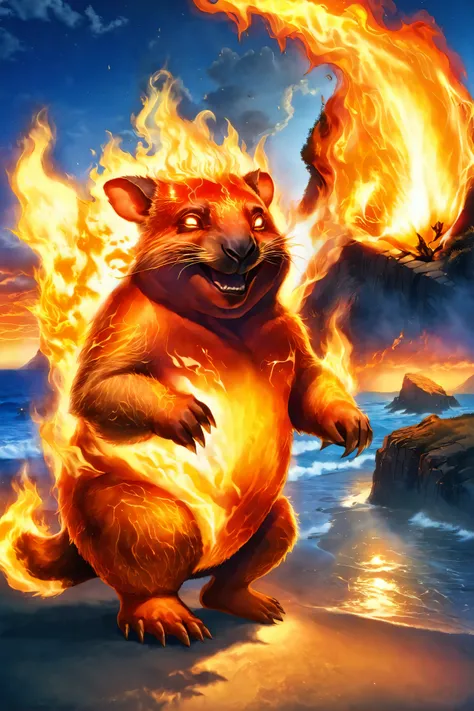 flame spirit, glowing bright red-orange, on fire, animal, wombat, golden hour, blue sky, clouds, scenery, in a Bard's Tale Coast<lora:EnvyElementalFireXL01:1>