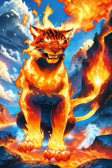 flame spirit, glowing bright red-orange, on fire, animal, wildcat, morning, blue sky, clouds, scenery, in a Expansive Marine Biome<lora:EnvyElementalFireXL01:1>