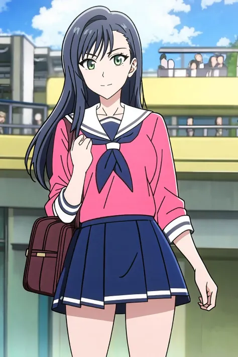 ((masterpiece)),((best quality)),ultra-detailed,illustration,1girl,school uniform,solo,black hair,long hair,green eyes,skirt,bag,sailor collar,looking at viewer,school bag,neckerchief,shirt,long sleeves,closed mouth,Kawakubo Chinu,anime screencap,cowboy shot,,collarbone,bangs,Manga,,Beautiful Finger,(Beautiful long legs),Beautiful body,Beautiful Nose,Beautiful character design,perfect eyes,perfect face,wallpaper,,looking at viewer,bubble,cloud,alluring,official art,extremely detailed,CG unity,perfect lighting,Colorful,ultra highres,4K,photography,8K,HDR,highres,(full body),<lora:iyanakao:0.6>,<lora:Kawakubo Chinu_20230627113603:0.8>,(Normal breast),
(red uniform),Red blouse,White sneakers,White socks,