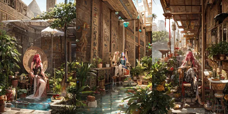 (otherworldly, otherworldly atmosphere, otherworldly appearance), highly insanely detailed, masterpiece, top quality, best quality, highres, 4k, 8k, RAW photo, 
((ancient egyptian theme:1.2)), Hong Kong structure, building, structure, taiwan, korean, post-apocalyptic, 
swirling energy, 
tentacle, 
(underwater), 
reflection, reflective floor, 
abandoned building, overgrown with vegetation, [volumetric fog], cinematic lighting, colorful, colourful, 
(long_hair, long hair, random colors hair, glowing hair, hair over one eye, long messy hair), 
(eyelashes, eyeliner, eyeshadow, eyelashes, long eyelashes), 
collar, earrings, jewelry, necklace, armlet, 
nsfw, 
cleavage, perfect body, makeup, 
action pose, 
drunk, biting, 
dawn, 
rattan chair, peacock chair, still life, balloons, flower pots, flowers, palms, outdoors, shadows, water, <lora:Rattan_Chair:1>, 1girl sitting on chair, (fantasy world)
