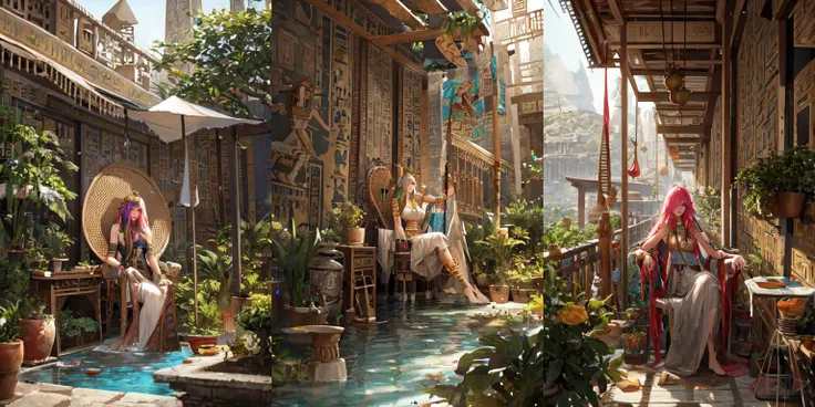 (otherworldly, otherworldly atmosphere, otherworldly appearance), highly insanely detailed, masterpiece, top quality, best quality, highres, 4k, 8k, RAW photo, 
((ancient egyptian theme:1.2)), Hong Kong structure, building, structure, taiwan, korean, post-apocalyptic, 
swirling energy, 
tentacle, 
(underwater), 
reflection, reflective floor, 
abandoned building, overgrown with vegetation, [volumetric fog], cinematic lighting, colorful, colourful, 
(long_hair, long hair, random colors hair, glowing hair, hair over one eye, long messy hair), 
(eyelashes, eyeliner, eyeshadow, eyelashes, long eyelashes), 
collar, earrings, jewelry, necklace, armlet, 
nsfw, 
cleavage, perfect body, makeup, 
action pose, 
drunk, biting, 
dawn, 
rattan chair, peacock chair, still life, balloons, flower pots, flowers, palms, outdoors, shadows, water, <lora:Rattan_Chair:0.7>, 1girl sitting on chair, (fantasy world)