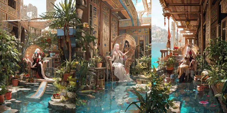 (otherworldly, otherworldly atmosphere, otherworldly appearance), highly insanely detailed, masterpiece, top quality, best quality, highres, 4k, 8k, RAW photo, 
((ancient egyptian theme:1.2)), Hong Kong structure, building, structure, taiwan, korean, post-apocalyptic, 
swirling energy, 
tentacle, 
(underwater), 
reflection, reflective floor, 
abandoned building, overgrown with vegetation, [volumetric fog], cinematic lighting, colorful, colourful, 
(long_hair, long hair, random colors hair, glowing hair, hair over one eye, long messy hair), 
(eyelashes, eyeliner, eyeshadow, eyelashes, long eyelashes), 
collar, earrings, jewelry, necklace, armlet, 
nsfw, 
cleavage, perfect body, makeup, 
action pose, 
drunk, biting, 
dawn, 
rattan chair, peacock chair, still life, balloons, flower pots, flowers, palms, outdoors, shadows, water, <lora:Rattan_Chair:1>, 1girl sitting on chair, (fantasy world)