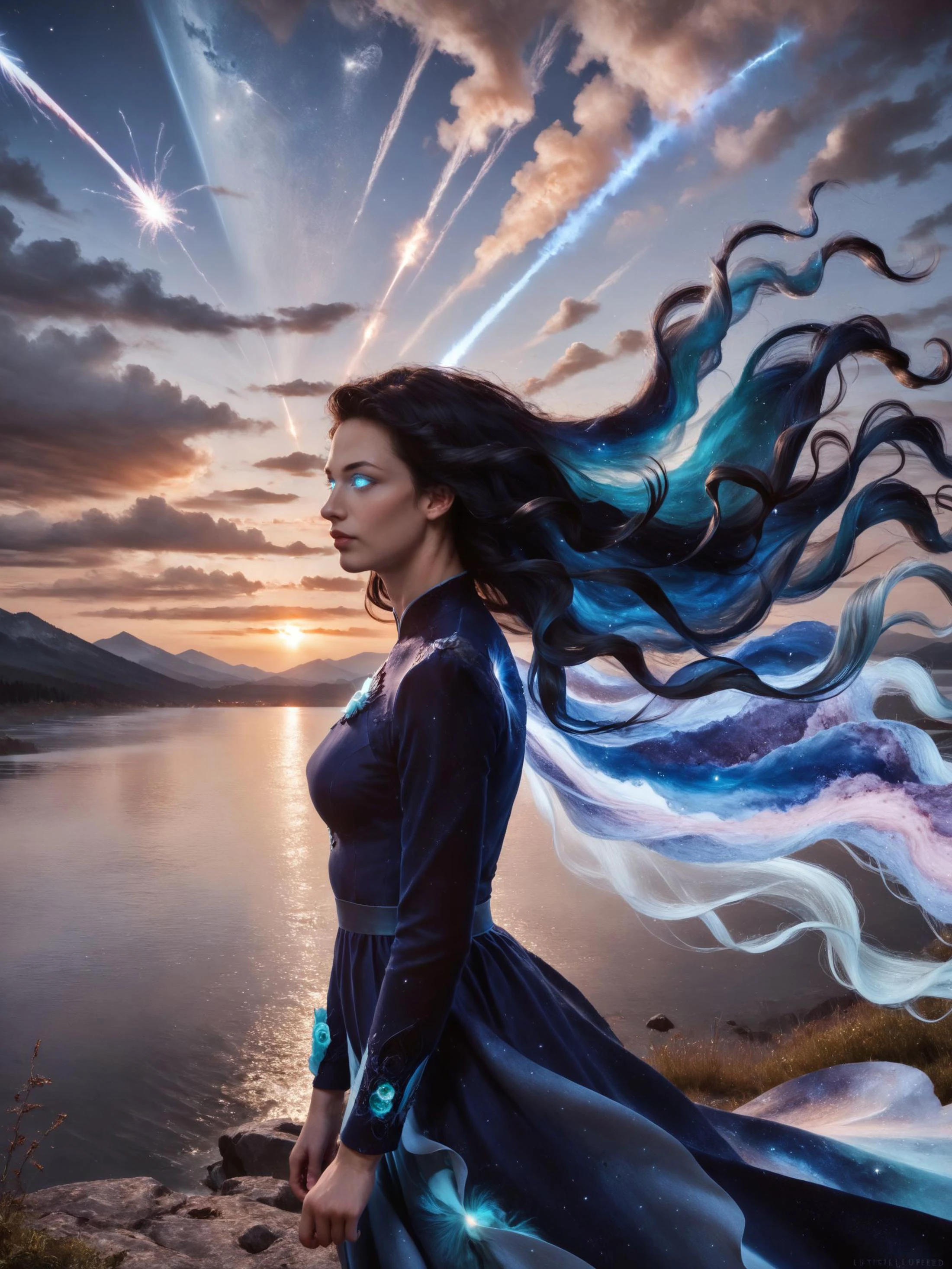 1girl
, absurdly long hair, wavy hair, hair rustled by wind, black hair
, glowing eyes
, long light blue gown, intricate, detailed, embroidery, long sleeves
, evening, sunset, mountain, lake, meteor shower
, side view
, (with ethereal blue glow, swirling celestial cosmic energy, unbridled power:1.3), color explosion, , volumetric lighting, depth of field, cinematic shot, vibrant, detailed, dramatic light