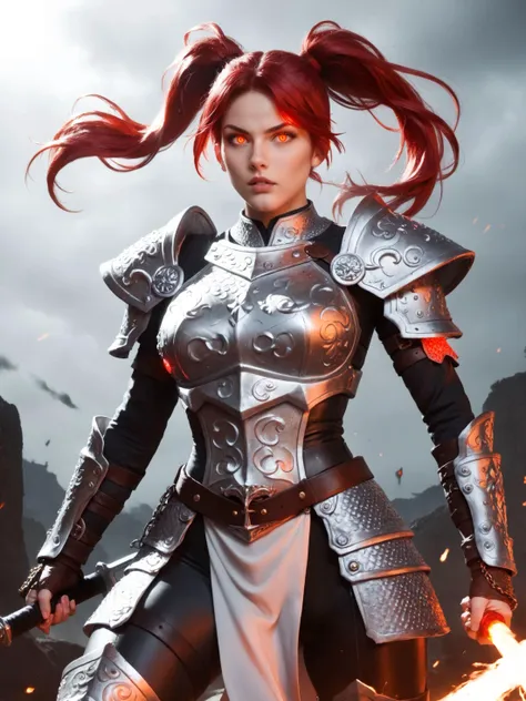 1girl
, molten red hair, double ponytail, parted bangs
, red glowing eyes
, armored bodysuit, chainmail sleeves, tight chainmail pants, breastplate, metal thigh armor, metal gloves, metal shoulder pads, metal pelvic curtain, chainmail tight pants, 
, upper body, facing viewer
, fighting stance
BREAK battlefield, storm, red lightning, dark, night, [sky|molten rock] BREAK, , volumetric lighting, depth of field, cinematic shot, vibrant, detailed, dramatic light