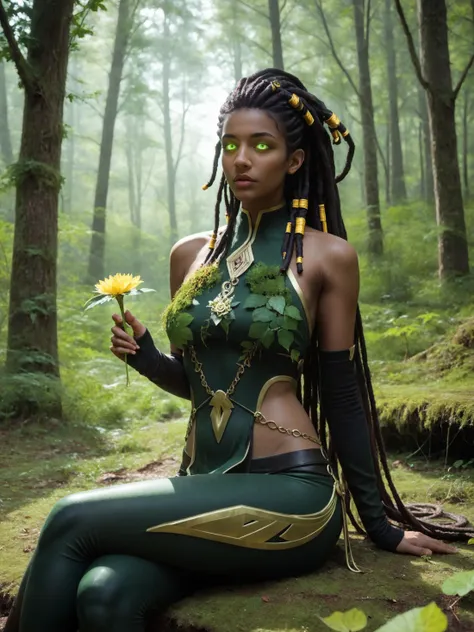 1girl
, dark green hair, absurdly long hair, dreadlocks, moss hair covered in moss
, green glowing eyes
, body covered in leaves and vines, pelvic curtain made of maple leaves, tight pants, sleeves
, sitting on ground, holding flower, crossed legs
, lush forest, , volumetric lighting, depth of field, cinematic shot, vibrant, detailed, dramatic light