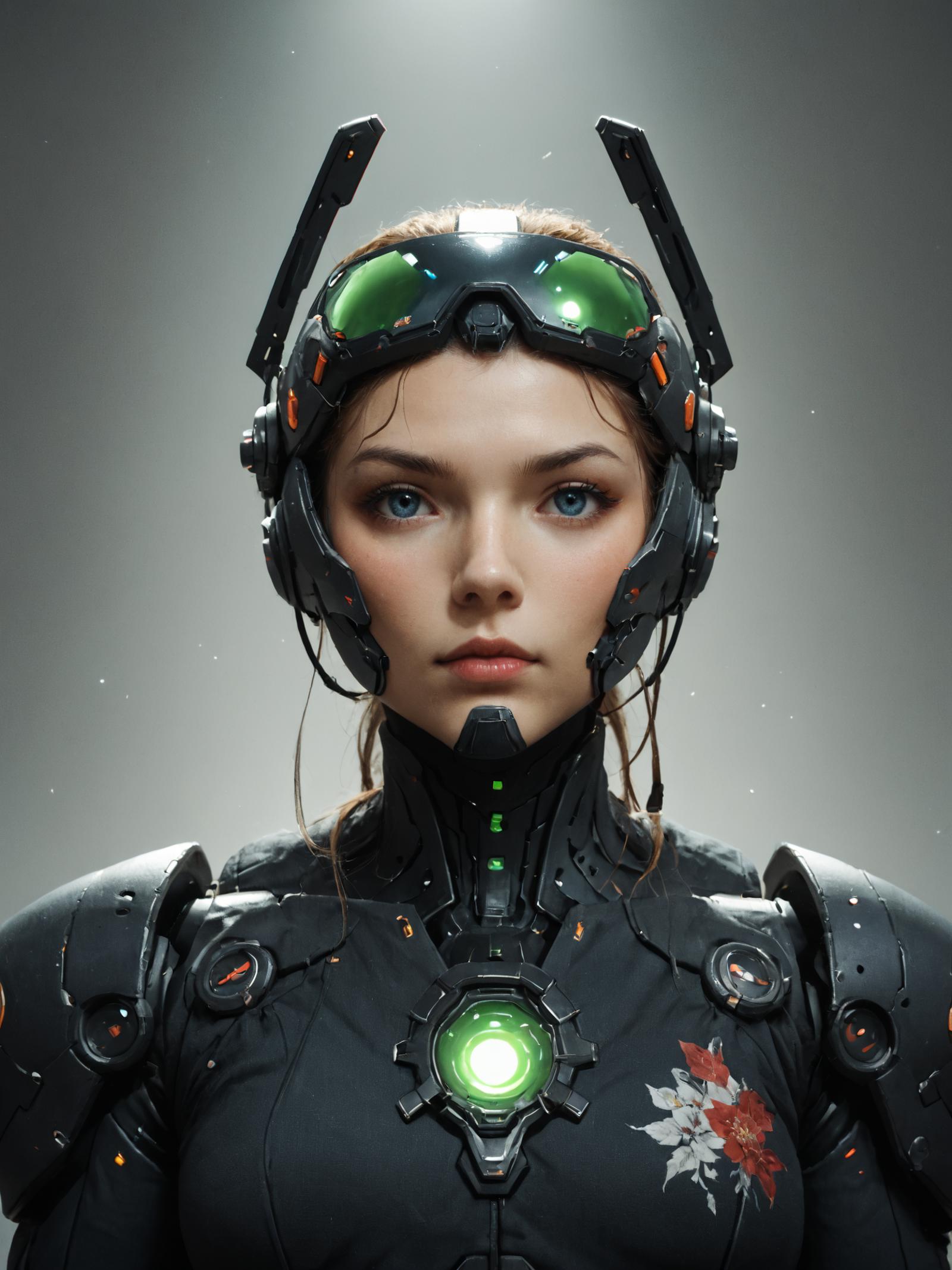 A woman in a futuristic suit with a green light on her face - SeaArt AI