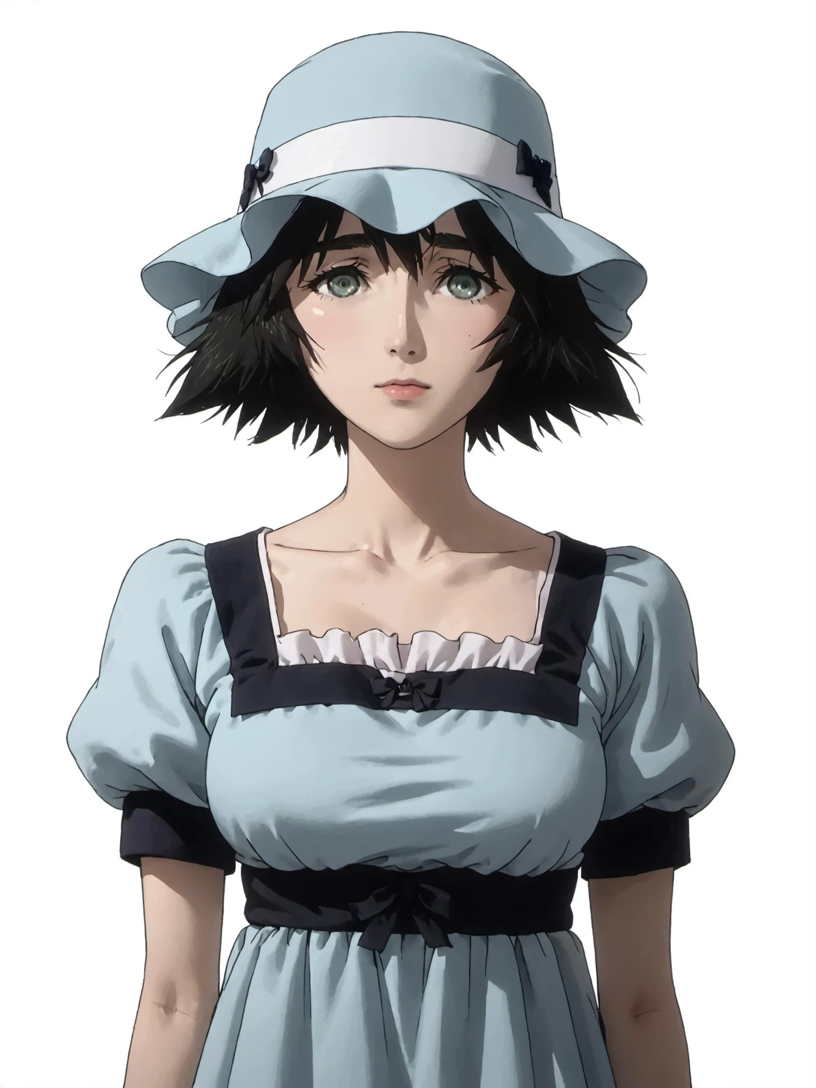 realistic, hyper realistic, 4k, masterpiece
BREAK
mayuri shiina, black hair, green eyes, messy hair, short hair, hat, blue hat,
BREAK
blue dress, collarbone, dress, puffy short sleeves, puffy sleeves, short sleeves,
BREAK
white background, simple background, <lora:real_dream_pony_realistic_lora_3:0.48> <lora:Hyper-SDXL-8steps-lora:0.25> <lora:mayuri-shiina-s1-ponyxl-lora-nochekaiser:1>