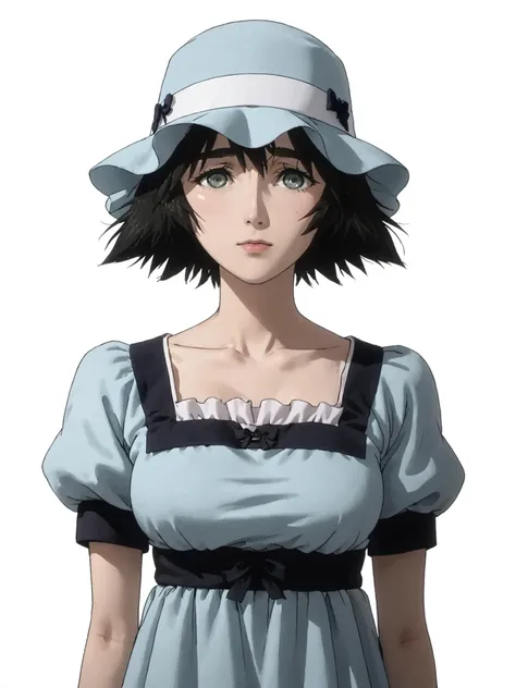 realistic, hyper realistic, 4k, masterpiece
BREAK
mayuri shiina, black hair, green eyes, messy hair, short hair, hat, blue hat,
BREAK
blue dress, collarbone, dress, puffy short sleeves, puffy sleeves, short sleeves,
BREAK
white background, simple background,    <lora:real_dream_pony_realistic_lora_3:0.48>  <lora:Hyper-SDXL-8steps-lora:0.25> <lora:mayuri-shiina-s1-ponyxl-lora-nochekaiser:1>