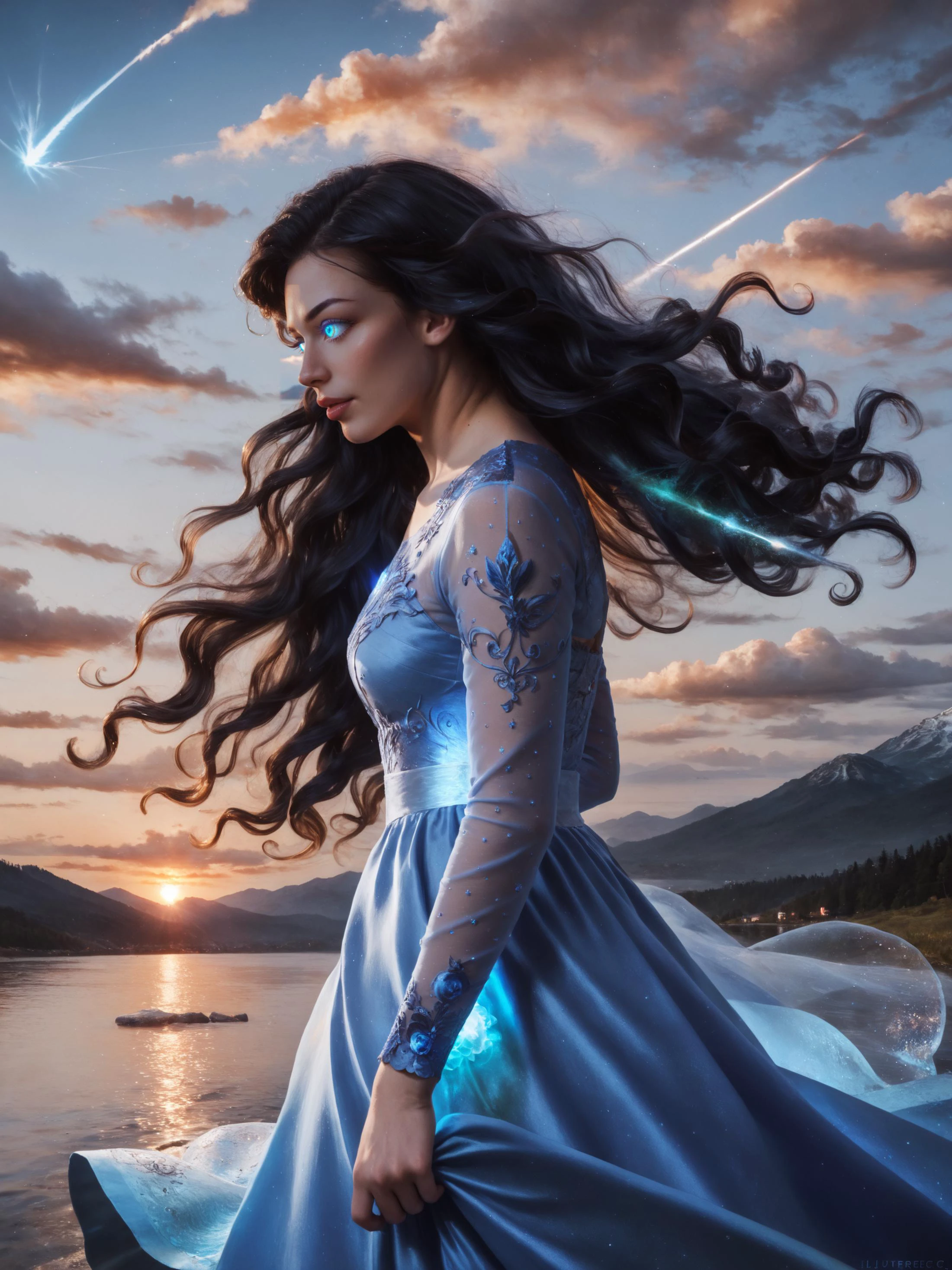 1girl
, absurdly long hair, wavy hair, hair rustled by wind, black hair
, glowing eyes
, long light blue gown, intricate, detailed, embroidery, long sleeves
, evening, sunset, mountain, lake, meteor
, side view
, with ethereal blue glow, swirling celestial energy, color explosion, , volumetric lighting, depth of field, cinematic shot, vibrant, detailed, dramatic light