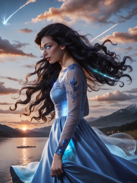 1girl
, absurdly long hair, wavy hair, hair rustled by wind, black hair
, glowing eyes
, long light blue gown, intricate, detailed, embroidery, long sleeves
, evening, sunset, mountain, lake, meteor
, side view
,  with ethereal blue glow, swirling celestial energy, color explosion, , volumetric lighting, depth of field, cinematic shot, vibrant, detailed, dramatic light