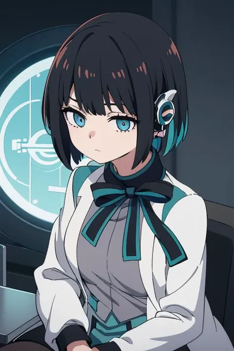 KamenIzu, 1girl, black hair, aqua_eyes, aqua_hair, (headgear),(humagear_headphones), mechanical ears, multicolored_hair, looking at viewer, pretty face, solo, bow, eyelashes, jacket, long_sleeves, robot_ears, short_hair, short_skirt, (((expressionless))), white_jacket, medium breasts, sexy, black_pantyhose, <lora:KamenIzu:0.7>,laboratory.((kawaii))