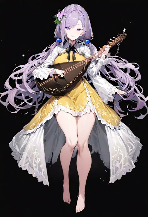 masterpiece, best quality, ultra-detailed, beautiful, nai3, 1girl, solo, full_body, tachi-e,
tsukumo_benben, solo, 1girl, lace, smile, long_sleeves, holding, ribbon, dress, twintails, barefoot, neck_ribbon, chain, hair_flower, black_neckwear, yellow_dress, lute_\(instrument\), musical_note, beamed_sixteenth_notes, eighth_note, purple_hair, hair_ornament, long_hair, flower, purple_eyes, biwa_lute,