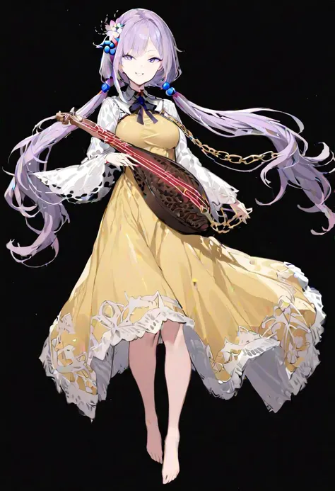 masterpiece, best quality, ultra-detailed, beautiful, nai3, 1girl, solo, full_body, tachi-e, 
tsukumo_benben, solo, 1girl, lace, smile, long_sleeves, holding, ribbon, dress, twintails, barefoot, neck_ribbon, chain, hair_flower, black_neckwear, yellow_dress, lute_\(instrument\), musical_note, beamed_sixteenth_notes, eighth_note, purple_hair, hair_ornament, long_hair, flower, purple_eyes, biwa_lute,